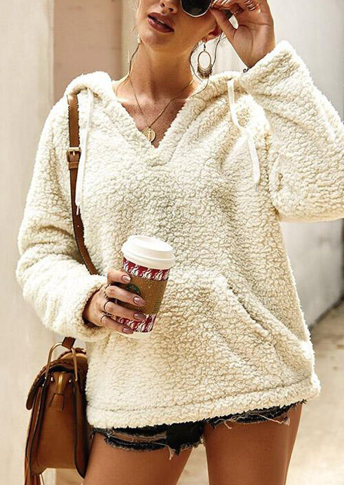 

V-Neck Kangaroo Pocket Drawstring Fleece Hoodie - Beige, 484984