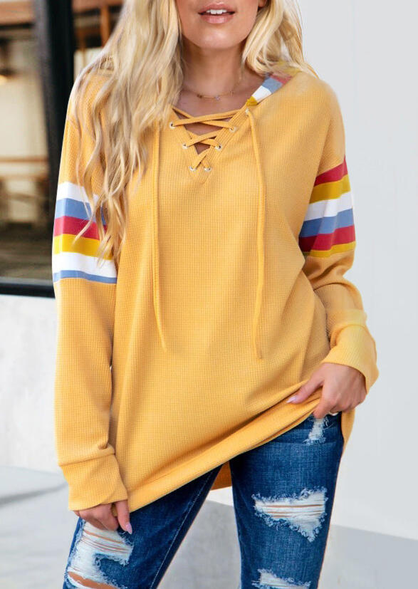 

Colorful Striped Lace Up Pullover Hoodie - Yellow, 483201
