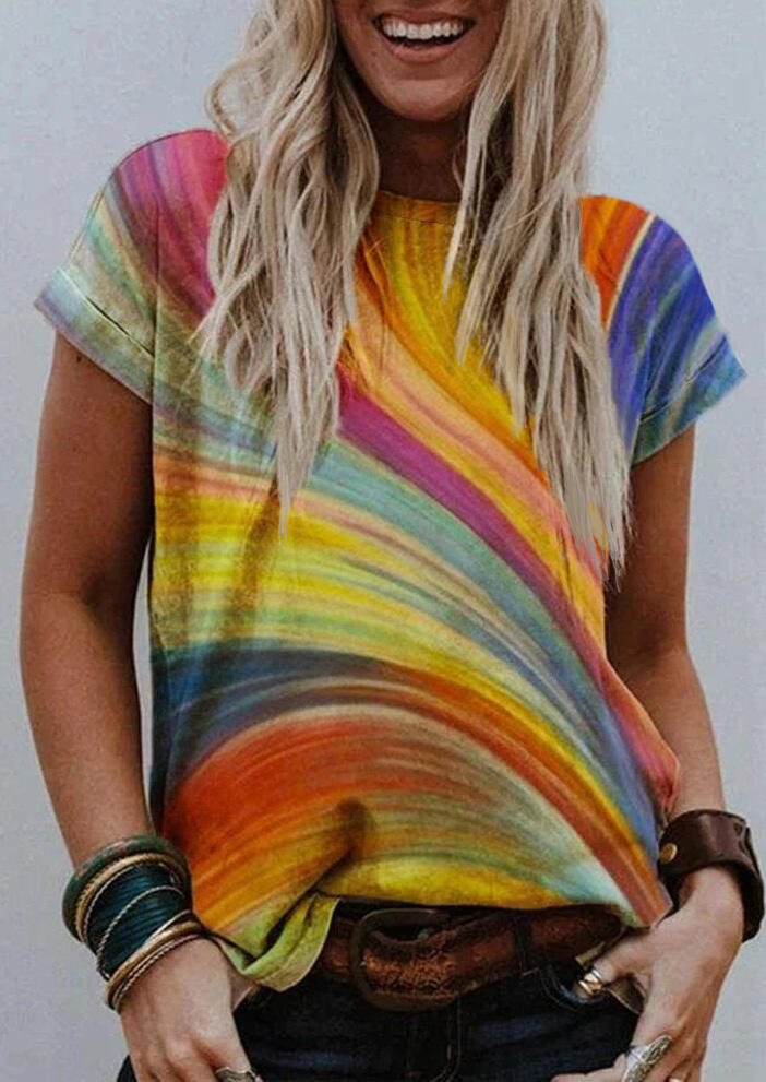 

Rainbow Striped O-Neck T-Shirt Tee, Multicolor, 484463