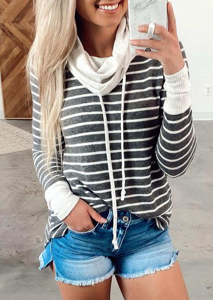 

Striped Splicing Drawstring Long Sleeve Blouse - Gray, 484465
