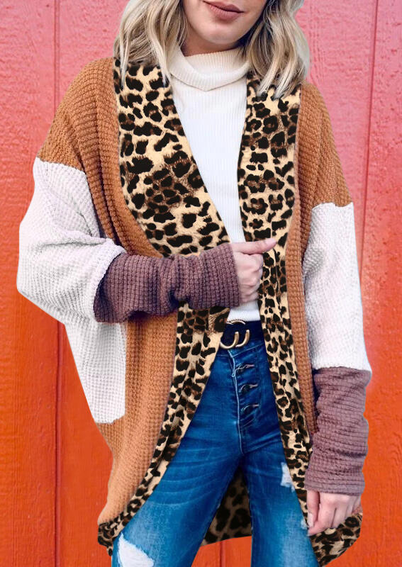 

Leopard Splicing Color Block Batwing Sleeve Cardigan - Brown, 484515