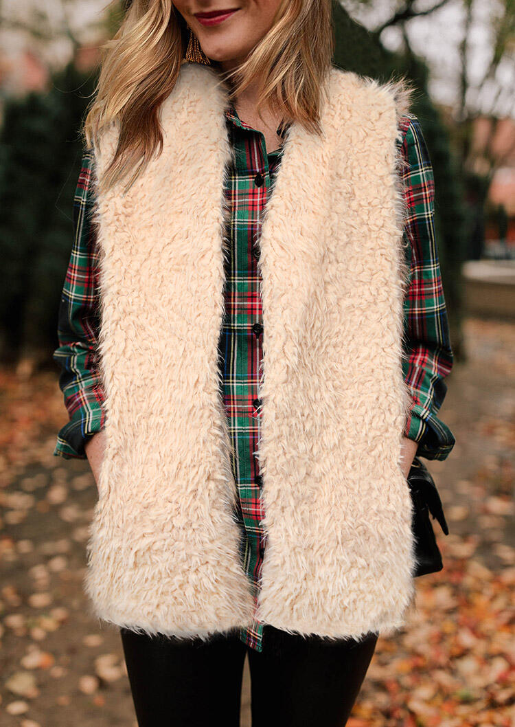

Pocket Plush Open Front Vest Coat - Apricot, 484601