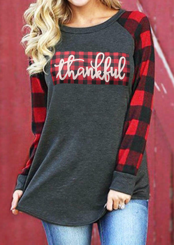 

Thankful Buffalo Plaid Long Sleeve T-Shirt Tee - Dark Grey, 484658