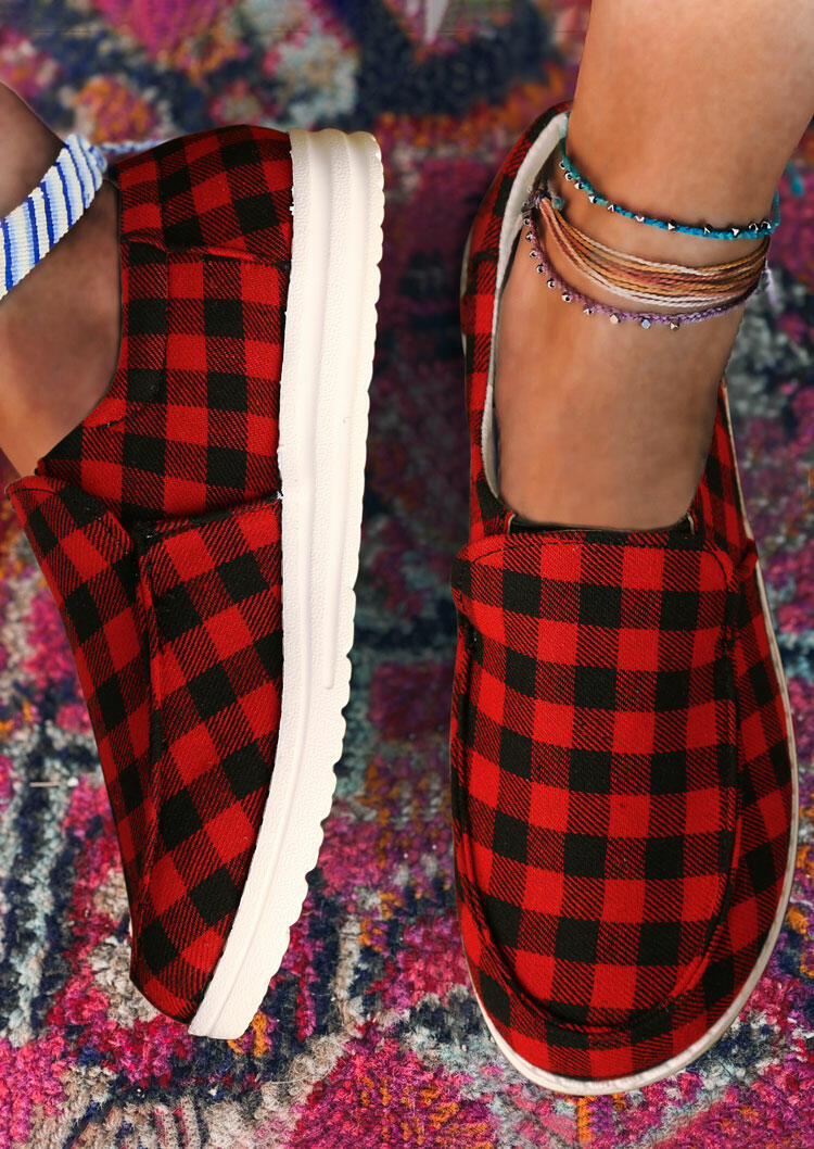 Buffalo Plaid Slip On Flat Sneakers Red Bellelily