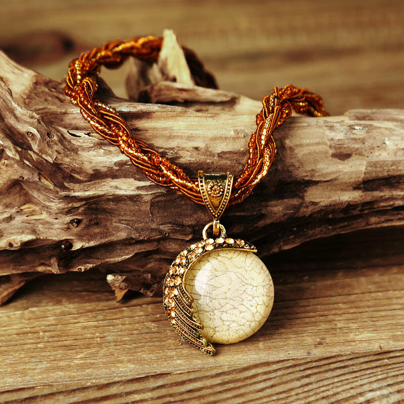 

Beading Woven Rhinestone Inlaid Moon Pendant Necklace, Green;beige;light blue, 484785