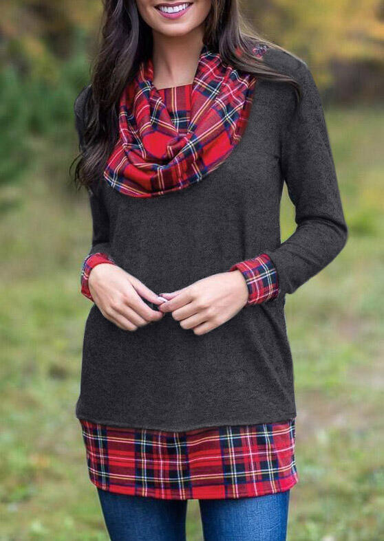Buffalo Plaid Splicing Cowl Neck Blouse - Dark Grey, 484787