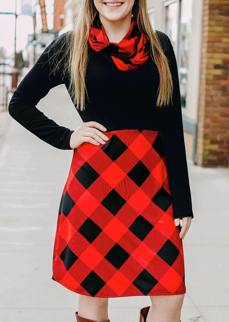 

Plaid Splicing O-Neck Casual Dress with Scarf - Black, 484938