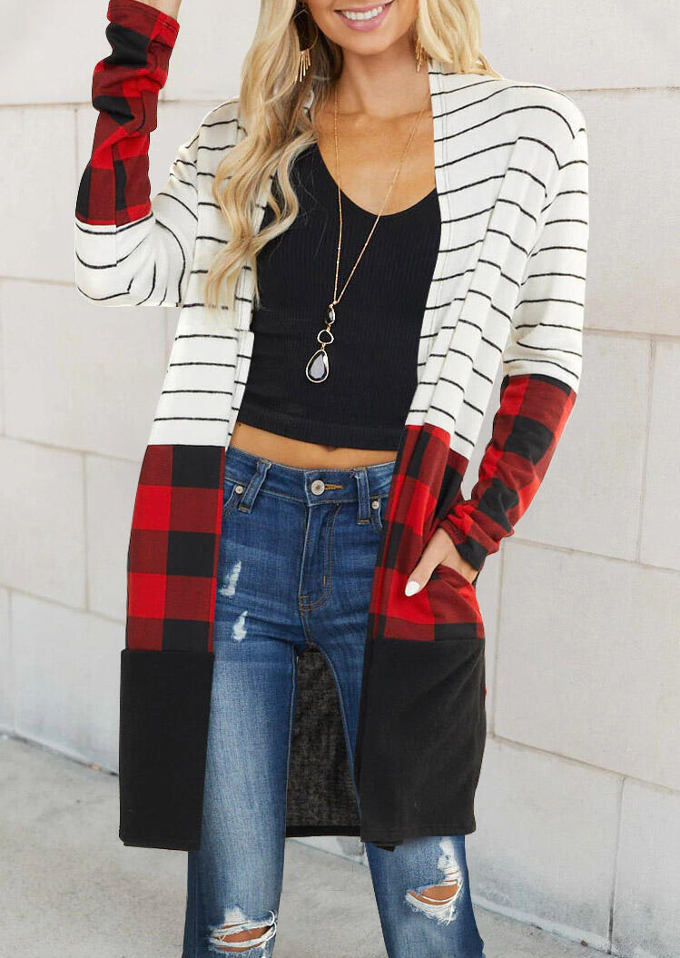 

Striped Buffalo Plaid Splicing Pocket Cardigan, Multicolor, 484948