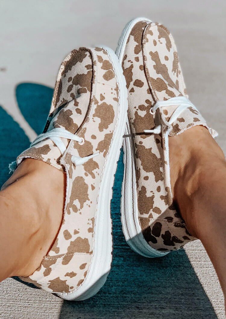 

Cow Lace Up Round Toe Flat Canvas Sneakers - Light Brown, 484954