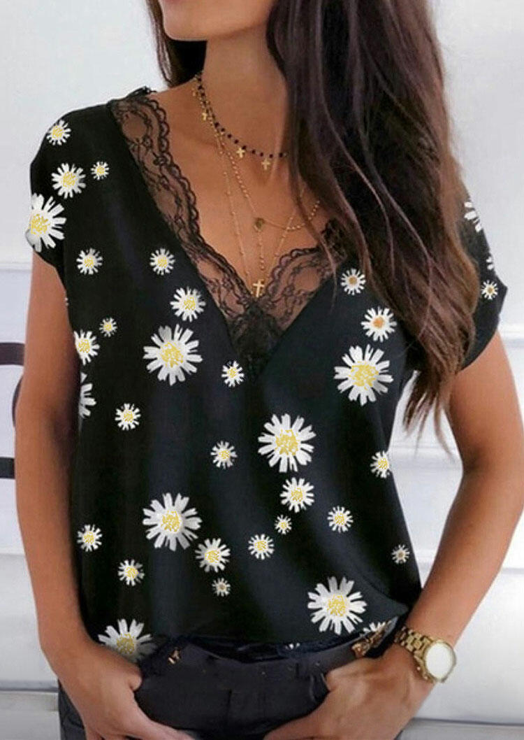 

Daisy Lace Splicing V-Neck Blouse - Black, 484960