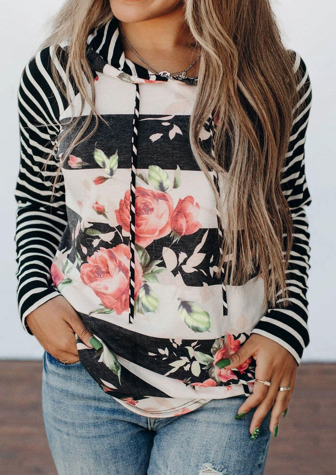 

Floral Striped Splicing Drawstring Hoodie, Multicolor, 484964