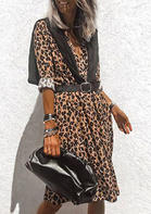Leopard Ruffled Long Sleeve Casual Dress without Shawl And Belt