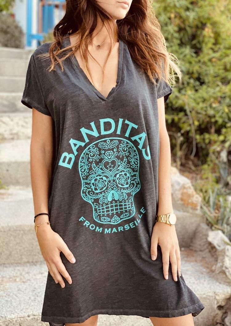 

Day Of The Dead Mandala Skull Loose Mini Dress - Dark Grey, 485065