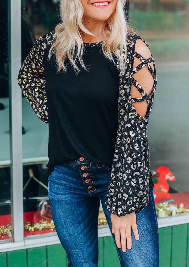 

Leopard Criss-Cross Cold Shoulder Blouse - Black, 485118