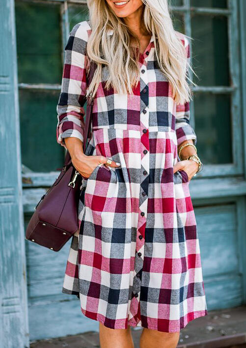 

Plaid Button Pocket Tab-Sleeve Casual Dress, 484743
