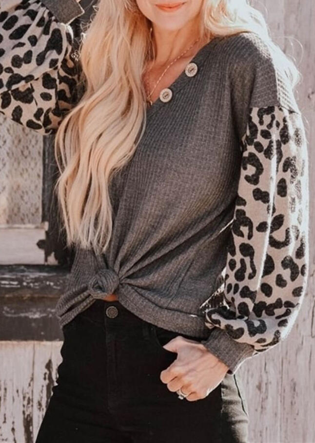 

Leopard Splicing Button Elastic Cuff V-Neck Blouse - Gray, 484915