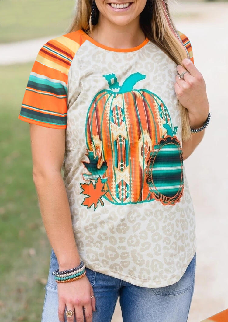 

Serape Striped Leopard Aztec Geometric Pumpkin T-Shirt Tee, Multicolor, 484952
