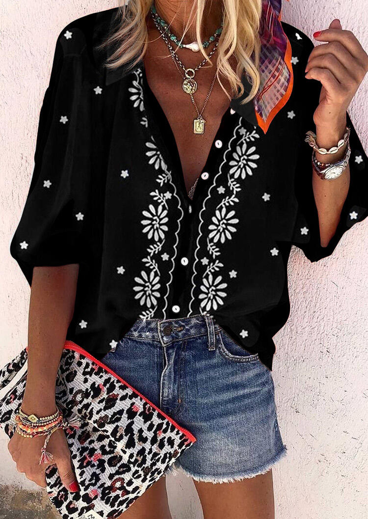 

Daisy Star Button Batwing Sleeve V-Neck Blouse - Black, 484953