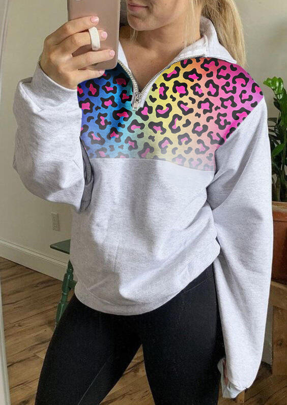 

Colorful Gradient Leopard Zipper Collar Sweatshirt - Light Grey, 484962