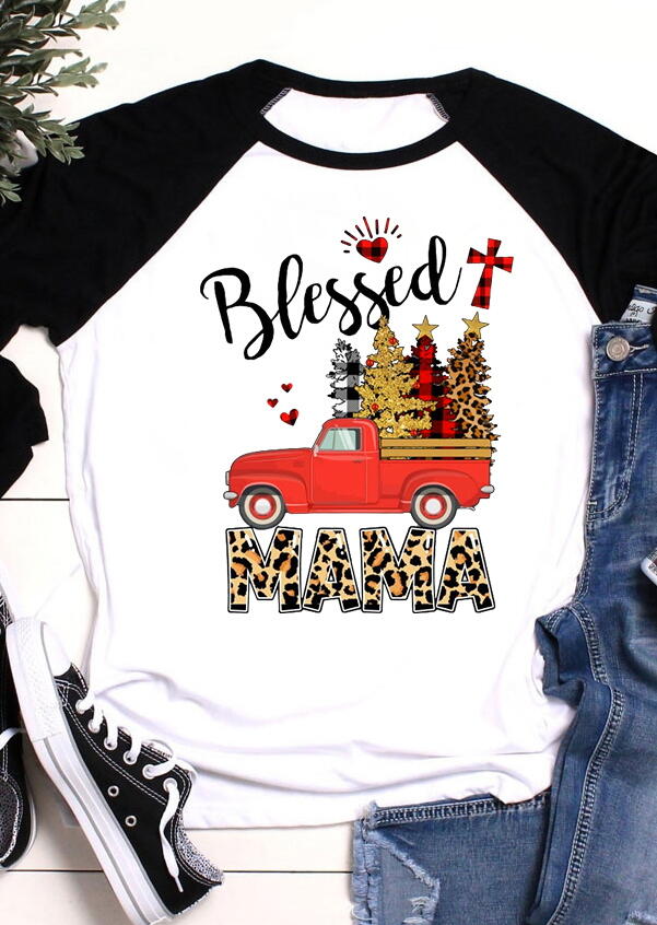 

Christmas Tree Plaid Cross Leopard Blessed Mama T-Shirt Tee - White, 484971