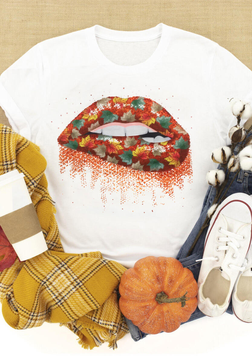 

Autumn Maple Leaf Lips O-Neck T-Shirt Tee - White, 485025