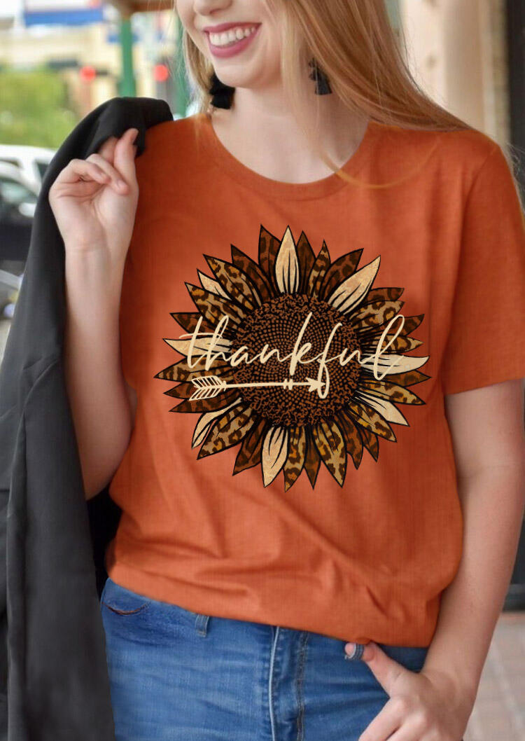 Thankful Leopard Sunflower Arrow T-Shirt Tee - Orange
