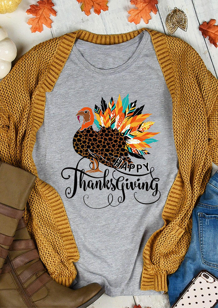 

Happy Thanksgiving Leopard Turkey Colorful Feather T-Shirt Tee - Gray, 485038