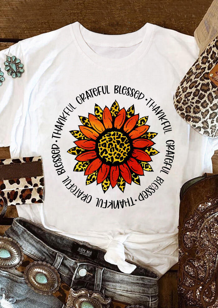 

Thanksgiving Leopard Sunflower Blessed Letter T-Shirt Tee - White, 485047