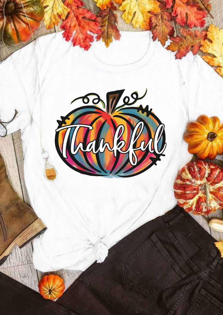 

Thankful Colorful Doodle Pumpkin T-Shirt Tee - White, 485048