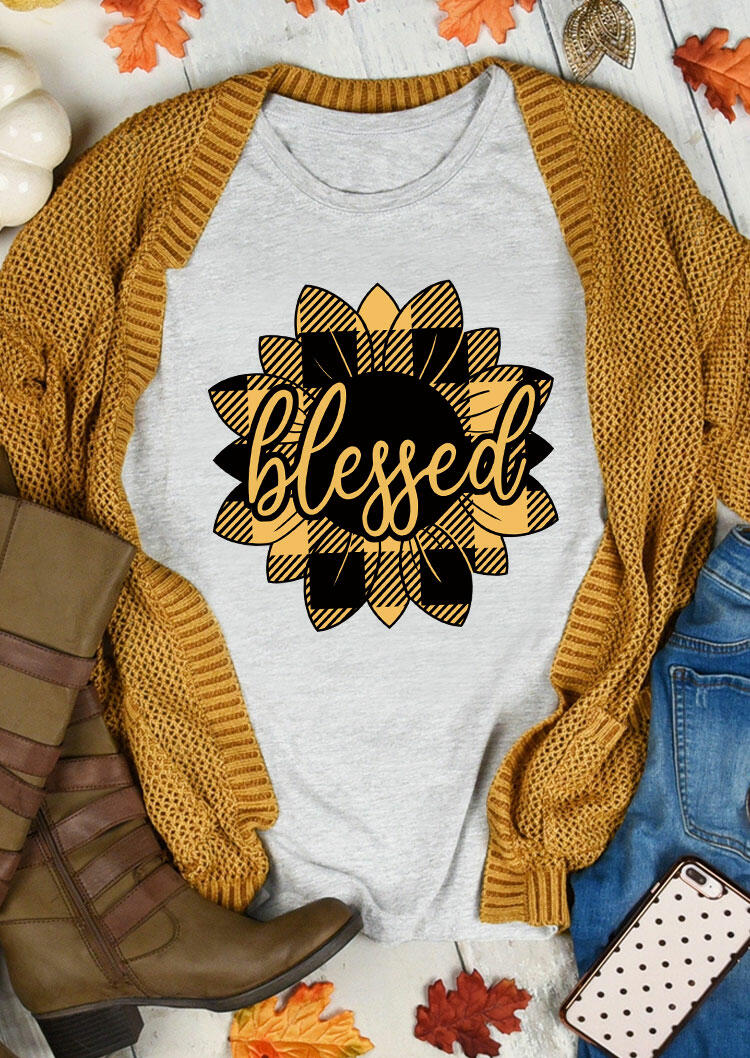 

Blessed Plaid Sunflower T-Shirt Tee - Light Grey, 485058