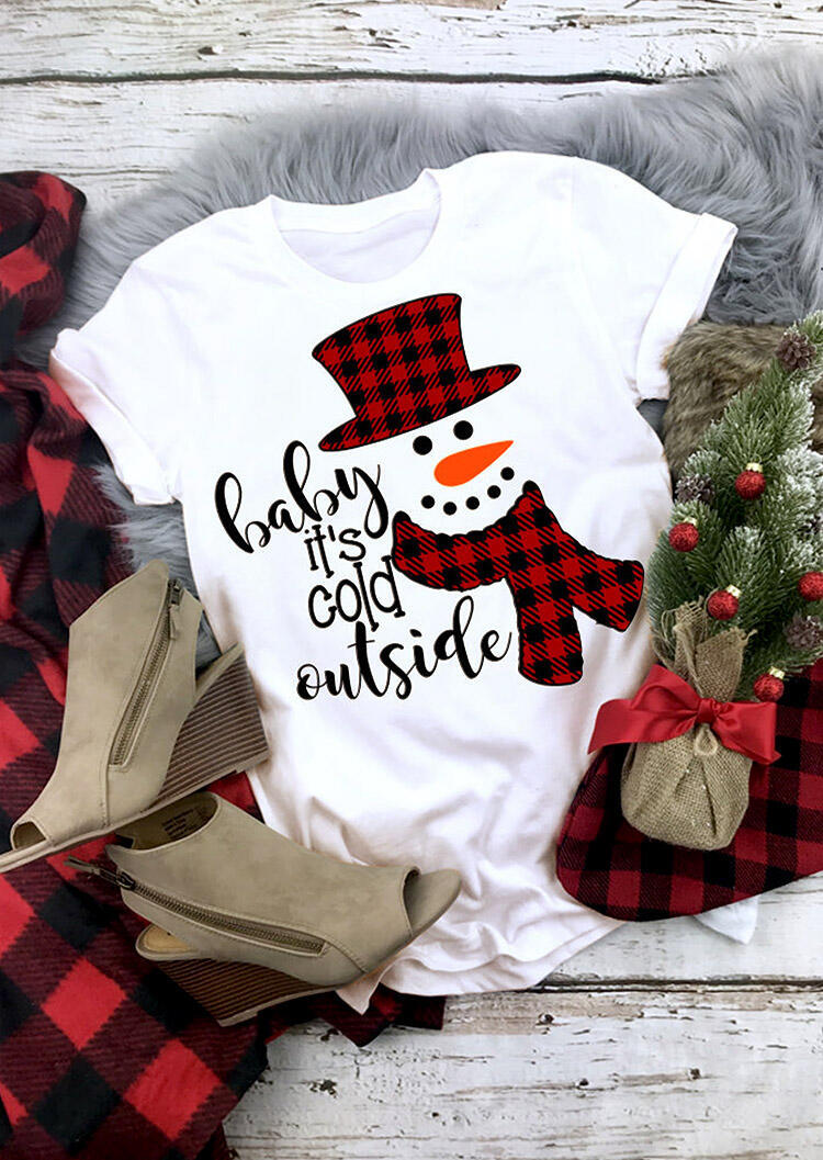 Baby It's Cold Outside Plaid Snowman T-Shirt Tee - White