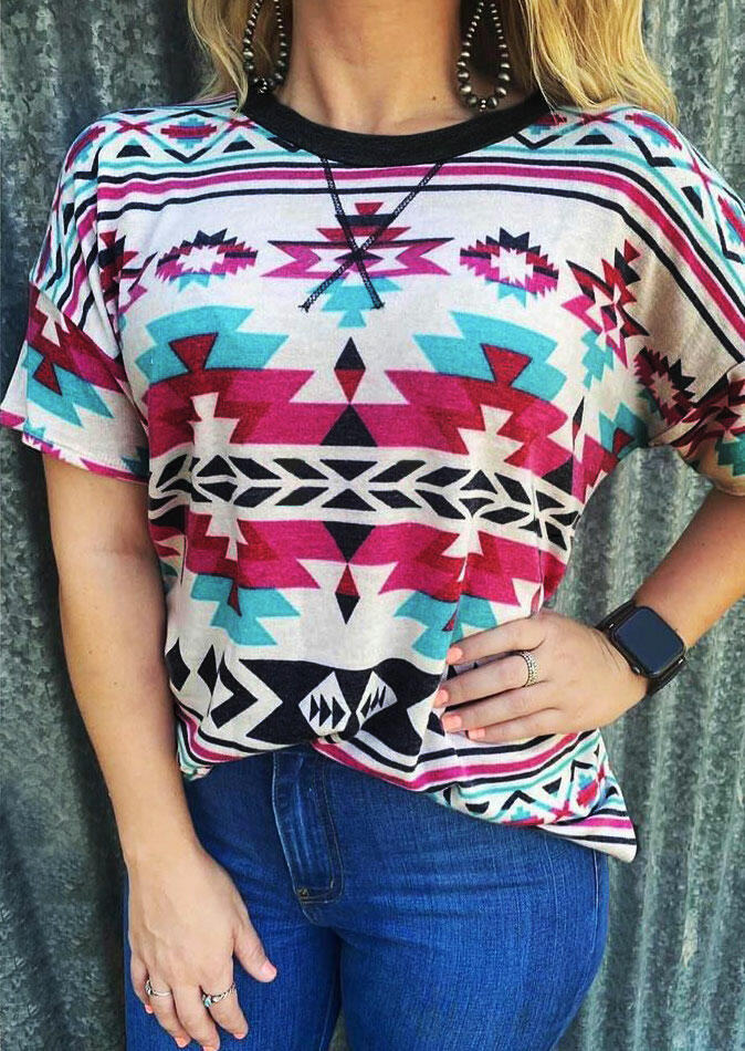 

Aztec Geometric O-Neck T-Shirt Tee, Multicolor, 485073