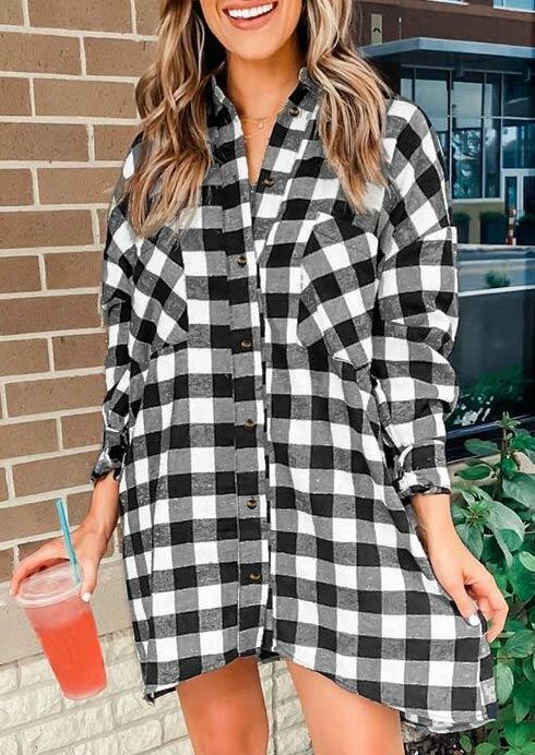 

Plaid Button Pocket Long Sleeve Shirt Mini Dress, 485090