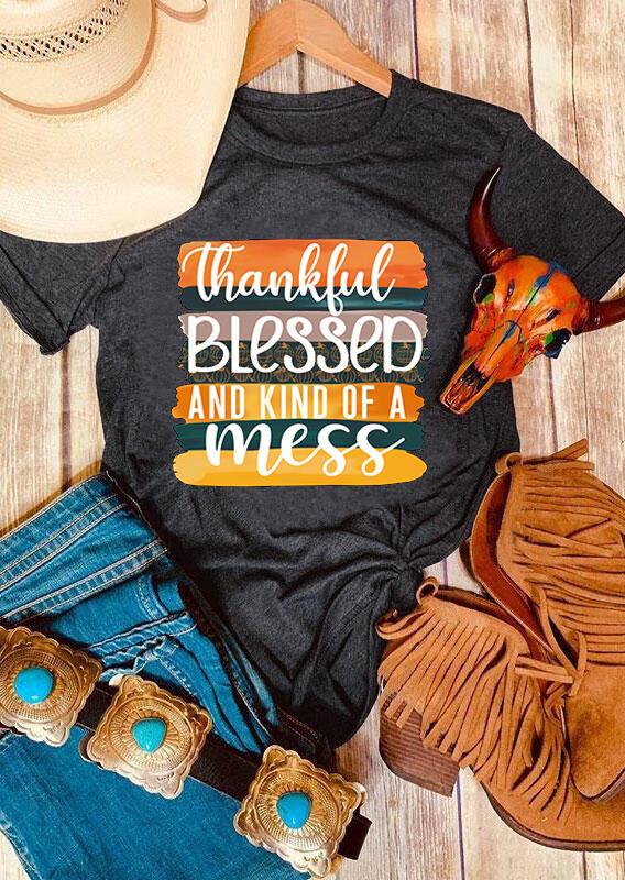 

Thankful Blessed And Mess Mom T-Shirt Tee - Gray, 485096