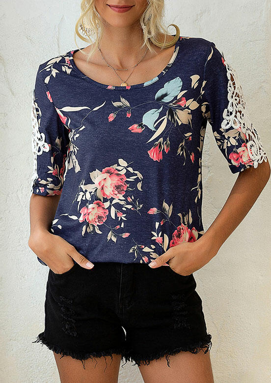 

Floral Lace Splicing O-Neck Blouse - Navy Blue, 485195