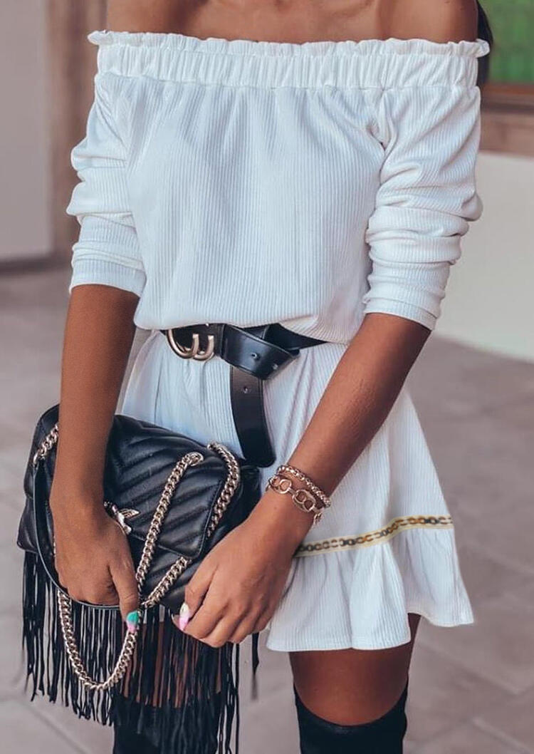 

Ruffled Off Shoulder Long Sleeve Mini Dress without Belt - White, 485228