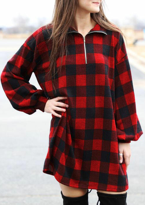 

Buffalo Plaid Zipper Collar Elastic Cuff Mini Dress, 484936