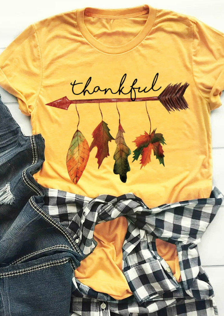 

Thankful Arrow Leaf O-Neck T-Shirt Tee - Yellow, 485036