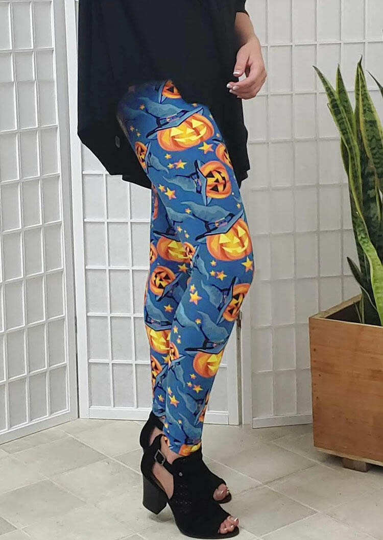 

Halloween Pumpkin Face Witch Hat Star Fitness Leggings - Blue, 485116