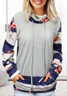 Floral Striped Splicing Drawstring Kangaroo Pocket Sweatshirt