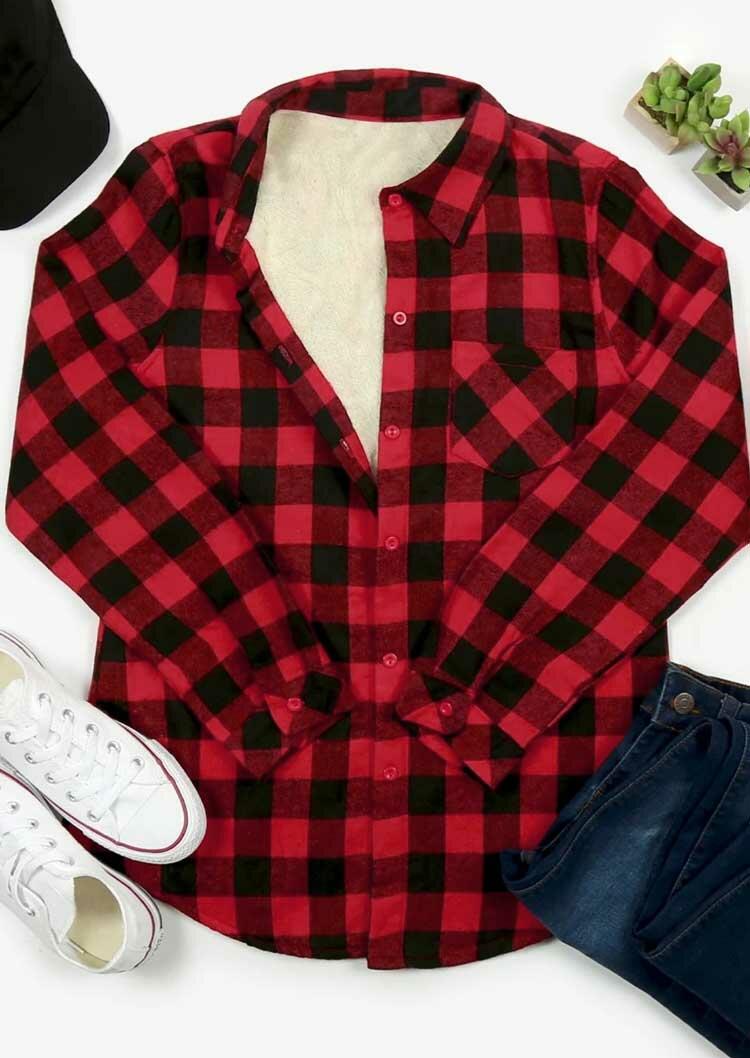 

Buffalo Plaid Button Pocket Thickened Shirt Coat - Red, 485198