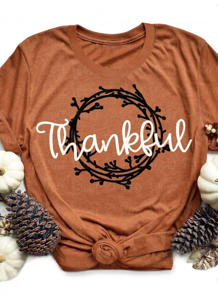 

Thankful Letter Graphic O-Neck T-Shirt Tee - Brown, 485212