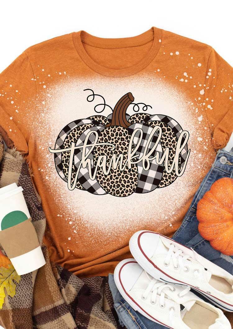 Thanksgiving Leopard Plaid Pumpkin Bleached Thankful T-Shirt Tee - Orange