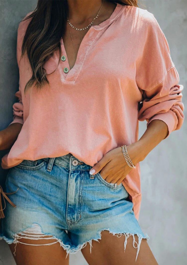 

Button V-Neck Long Sleeve Blouse - Pink, 485236