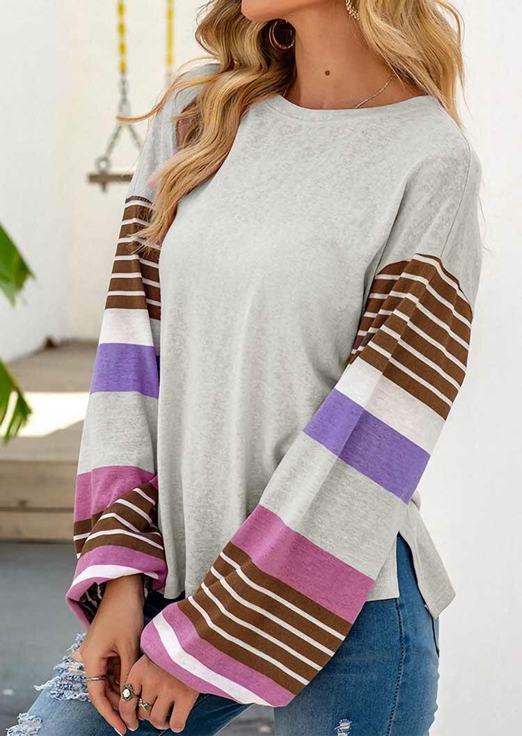 

Colorful Striped Slit Elastic Cuff Blouse - Light Grey, 485255