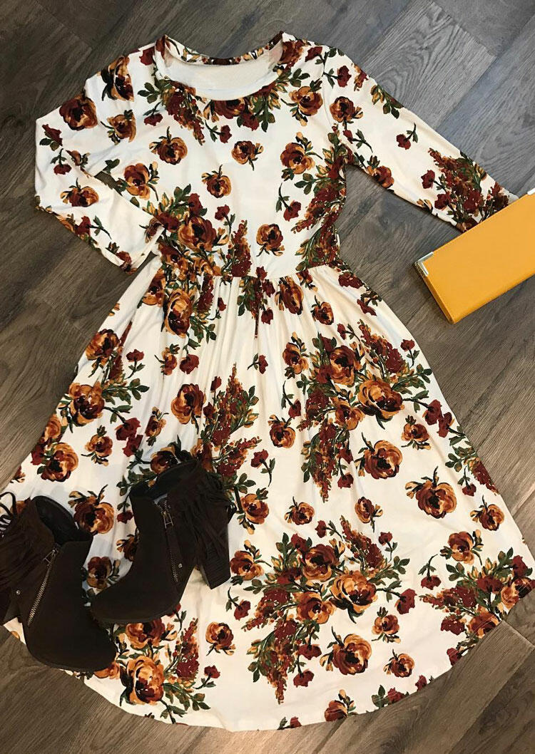 

Floral Ruffled O-Neck Long Sleeve Casual Dress, Multicolor, 485327