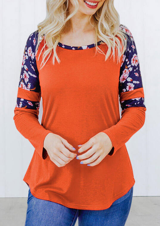 

Floral Splicing Asymmetric Long Sleeve Blouse - Orange, 485199