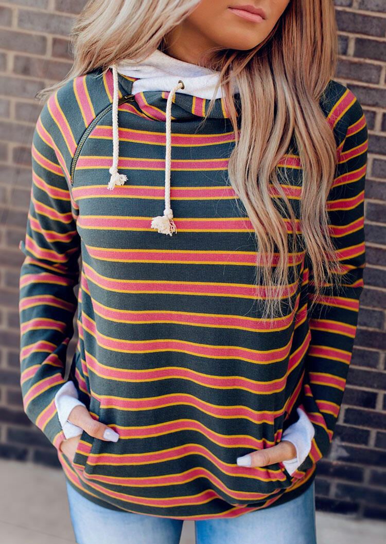 

Striped Kangaroo Pocket Zipper Drawstring Hoodie, Stripe, 485231