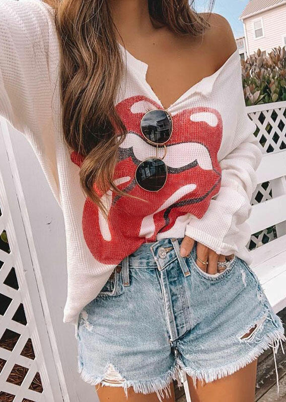 

Funny Tongue Lips V-Neck Blouse - White, 485251