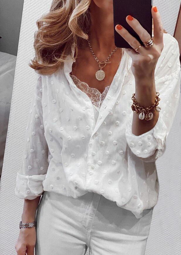 

Polka Dot Embossed Paneled Button Long Sleeve Blouse - White, 485258